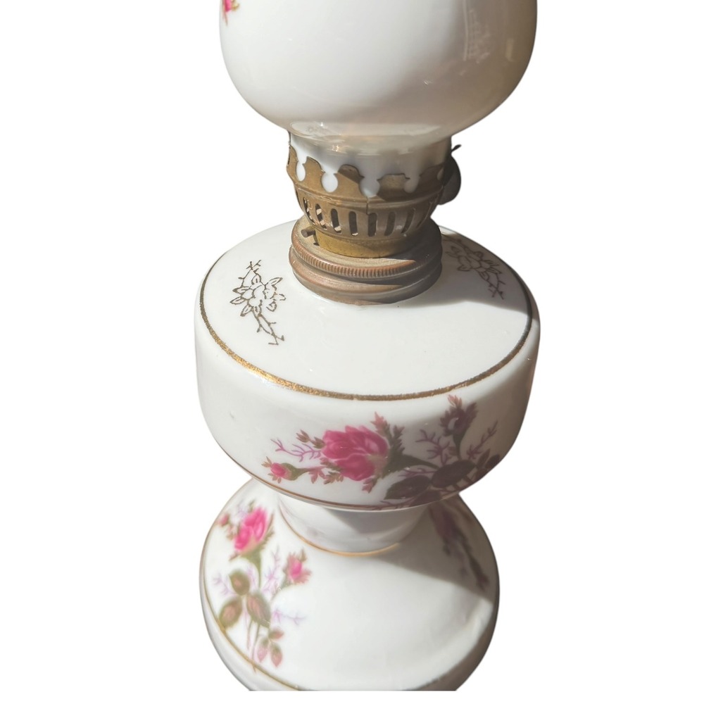 Vintage Japan Porcelain Floral Oil Lamp Pink Roses Gold Trim Hurricane Style 10" - Picture 9 of 15